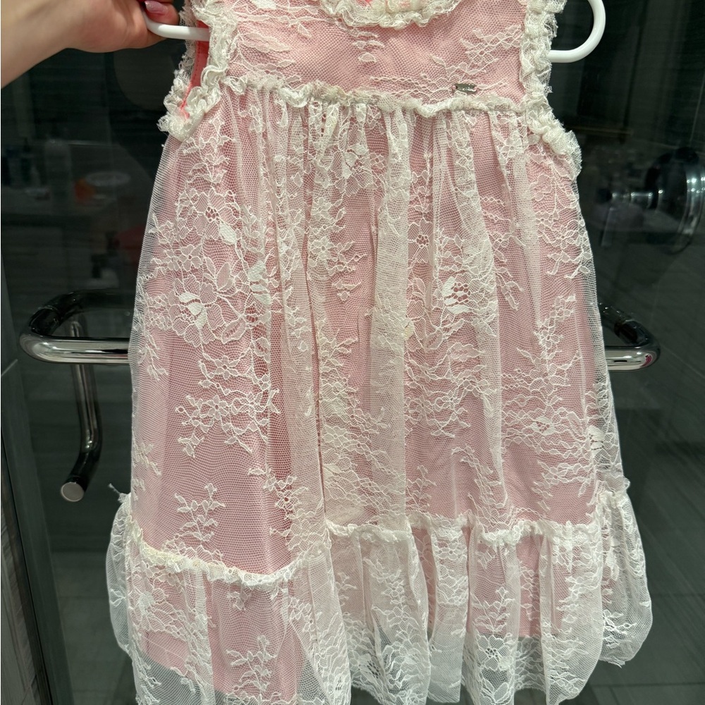 Mayoral Coral Dress with White Lace Trim